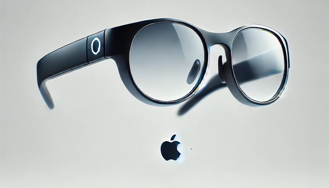 Conceptual design of smart glasses blending Ray-Ban Meta’s accessibility and Apple-inspired minimalism, showcasing a sleek, futuristic aesthetic.