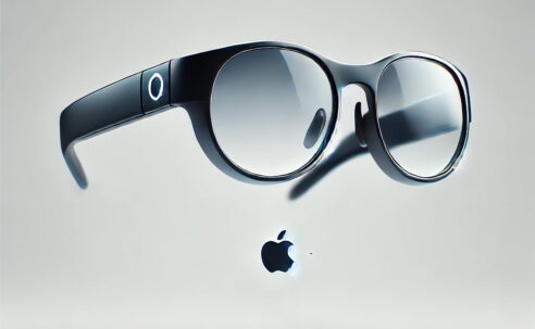 Conceptual design of smart glasses blending Ray-Ban Meta’s accessibility and Apple-inspired minimalism, showcasing a sleek, futuristic aesthetic.