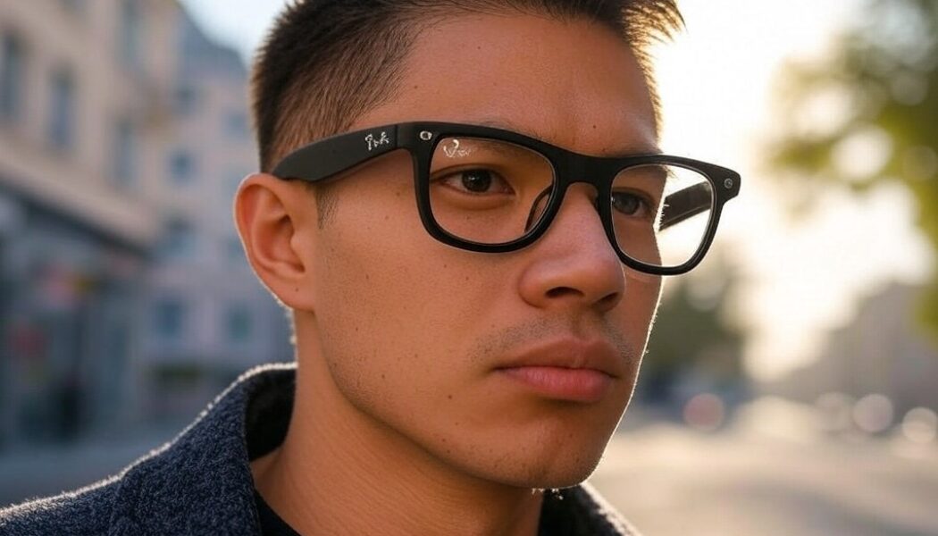 A close-up of a person wearing Ray-Ban Meta smart glasses, showcasing accessible technology that enhances independence for disabled people