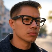 A close-up of a person wearing Ray-Ban Meta smart glasses, showcasing accessible technology that enhances independence for disabled people