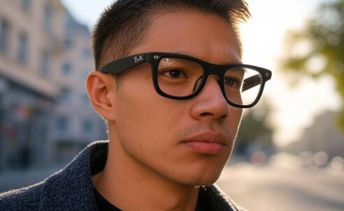 A close-up of a person wearing Ray-Ban Meta smart glasses, showcasing accessible technology that enhances independence for disabled people