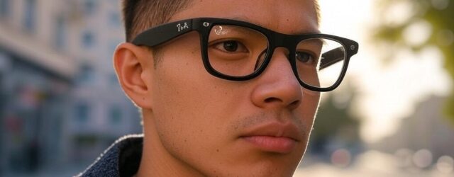 A close-up of a person wearing Ray-Ban Meta smart glasses, showcasing accessible technology that enhances independence for disabled people