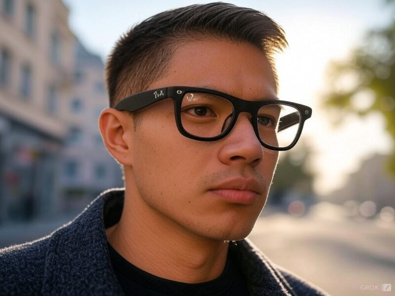 A close-up of a person wearing Ray-Ban Meta smart glasses, showcasing accessible technology that enhances independence for disabled people