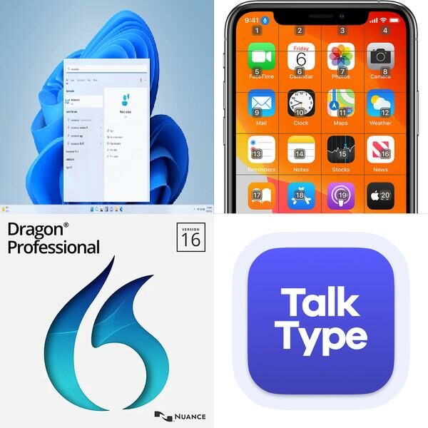 Mosaic image of voice dictation tools in 2024, featuring Microsoft Voice Access, Apple Voice Control, Dragon Professional, and Talk Type logos.