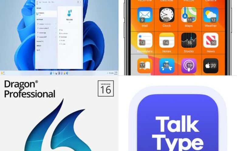 Mosaic image of voice dictation tools in 2024, featuring Microsoft Voice Access, Apple Voice Control, Dragon Professional, and Talk Type logos.