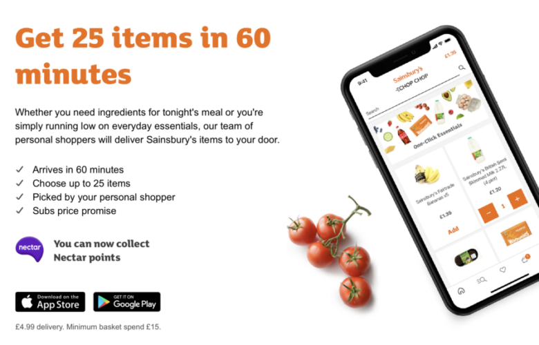 Discover Sainsbury’s Chop Chop: 25 items delivered to your door in 60 minutes. Convenience at a £4.99 fee, with a £15 minimum spend and Nectar points rewards