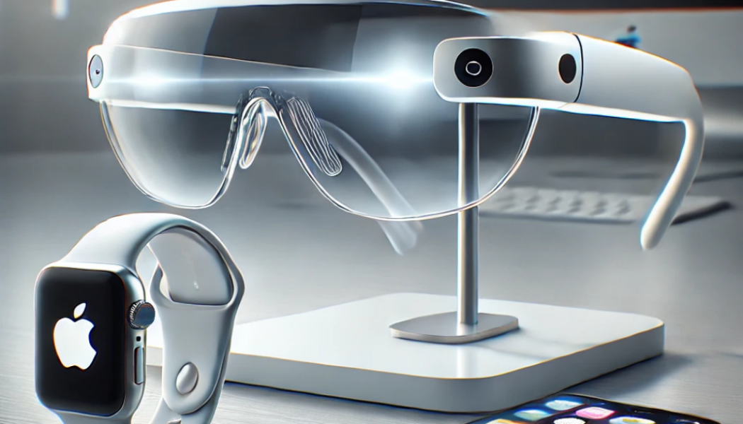 Futuristic Apple smart glasses with AR display alongside an Apple Watch and iPhone on a sleek white desk, showcasing innovative wearable technology.