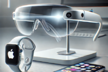 Futuristic Apple smart glasses with AR display alongside an Apple Watch and iPhone on a sleek white desk, showcasing innovative wearable technology.