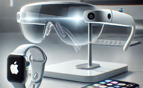 Futuristic Apple smart glasses with AR display alongside an Apple Watch and iPhone on a sleek white desk, showcasing innovative wearable technology.