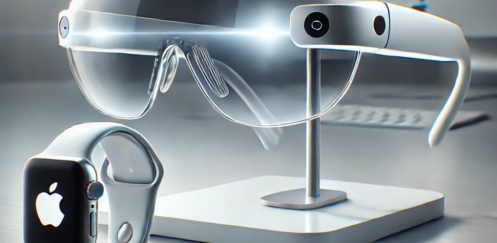 Futuristic Apple smart glasses with AR display alongside an Apple Watch and iPhone on a sleek white desk, showcasing innovative wearable technology.