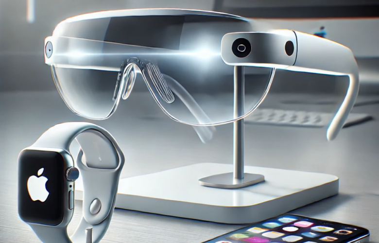 Futuristic Apple smart glasses with AR display alongside an Apple Watch and iPhone on a sleek white desk, showcasing innovative wearable technology.