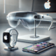 Futuristic Apple smart glasses with AR display alongside an Apple Watch and iPhone on a sleek white desk, showcasing innovative wearable technology.